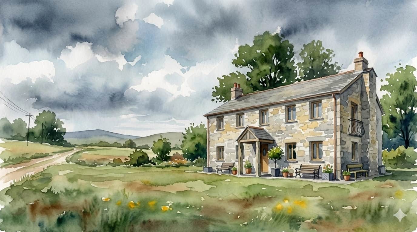 Watercolour painting of Royalton Farm farmhouse in the Cornish countryside